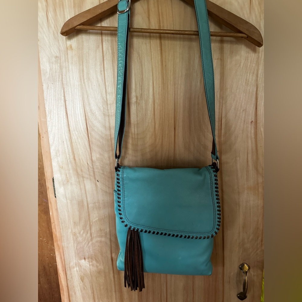 Turquoise Leather Crossbody Bag with Fringe Tassel ili New York leopard lining